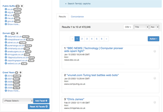 Screen shot of search results from the BL web archive search demo