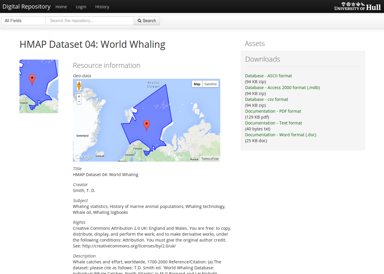 Figure 3 Screenshot of a dataset entry in Hydra at Hull